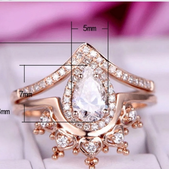 HPπ2pc Rose Gold Pink Sapphire Diamond Pear Ring - Picture 3 of 5